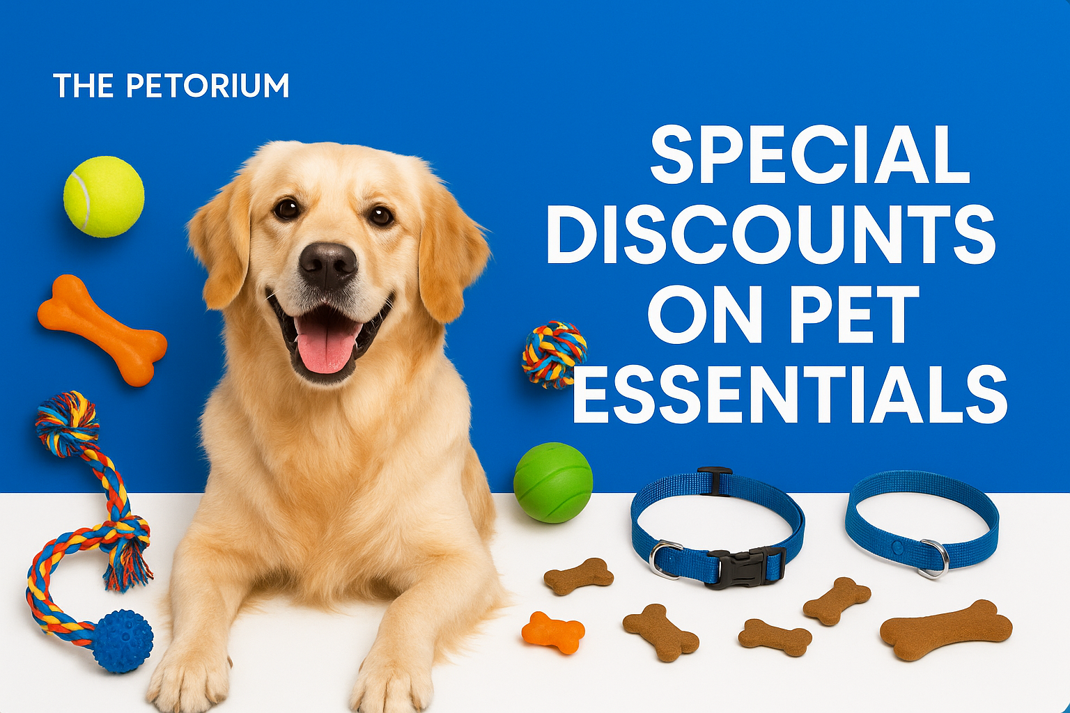 “Design a horizontal banner 1600×500 pixels for The Petorium. Feature a playful dog with pet toys and accessories. Add bold heading text:
‘Special Discounts on Pet Essentials’
Style: eye-catching, modern e-commerce design, bright yet professional, brand colors blue & white.”